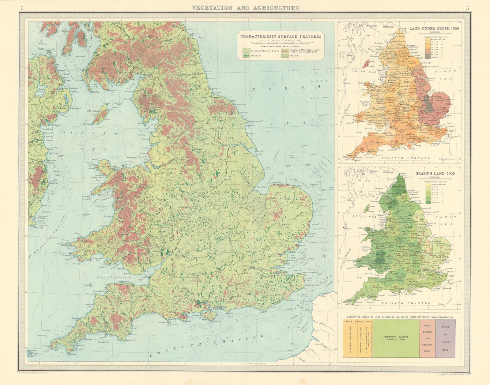 ENGLAND WALES Vegetation Agriculture cultivated land crops. LARGE 1939 old map